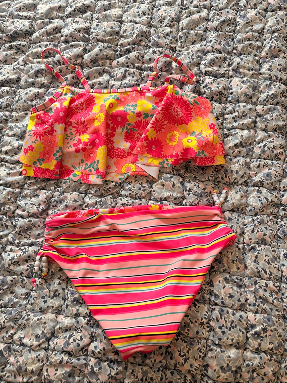 Betsey Johnson Pink & Yellow Floral Ruffle Bikini Set with Striped Bottoms